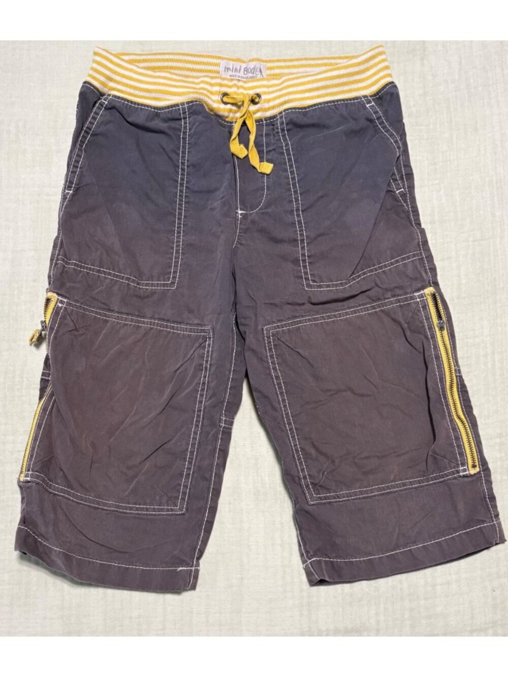 Mini Boden Boys Brown Techno Shorts With Yellow Striped Waistband Size 8Y